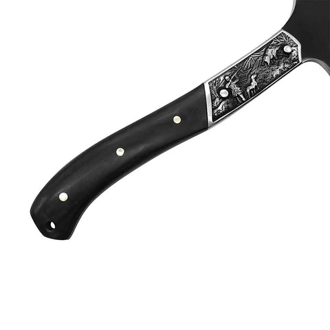 Close-up of black wooden handle from Beast Mode Full Tang Chopping Axe With Wooden Handle, Camp Hatchet For Wood Splitting And Cutting