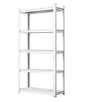 Heavy Duty 5 Tier Metal Bookshelf Beefy Industrial Storage Rack Adjustable Steel Shelving Unit For Garage Kitchen Basement Workspace Holds 2000 Lbs Tough As Nails in white finish with five open shelves.