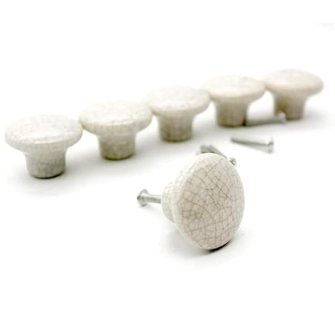 White Ceramic Cracked Cabinet Handles Set of 10, elegant drawer knobs with zinc alloy core, shown with crackle finish and screws