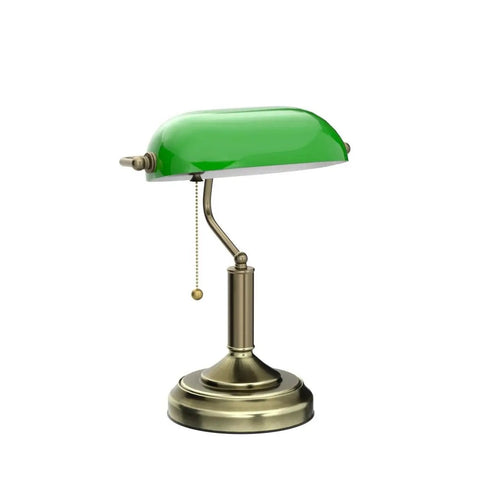 Green Glass Bankers Desk Lamp With Brass Base, Vintage Banker Style Library Light, Pull Chain Switch, E26 Compatibility