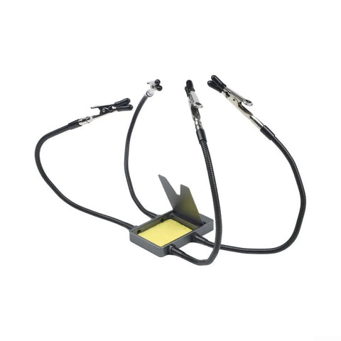 Four Arm Soldering Helper With Flexible 260mm Arms And Heat Resistant Silicone Clamps, A Secure PCB Holder For Precision Electronics, Reaching Tough Joints, Ideal Soldering Aid For DIY Projects And Pro Shops. Four-arm PCB holder with flexible metal arms and silicone clamps, top view