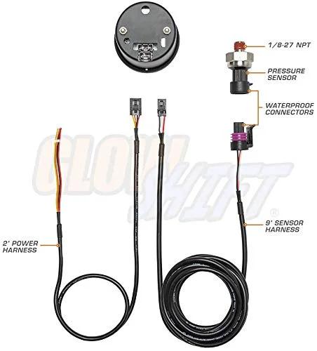 GlowShift 2-1/16 inch 52mm oil pressure gauge kit; front view with black dial, smoked lens, multi-color display, includes sensor and wiring