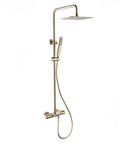 Rain Shower System with 10" Rainfall Head & Thermostatic Faucet, Wall Mounted Brass Shower Set with Handheld for Spa Experience, 38°C Temperature Control in gold finish.