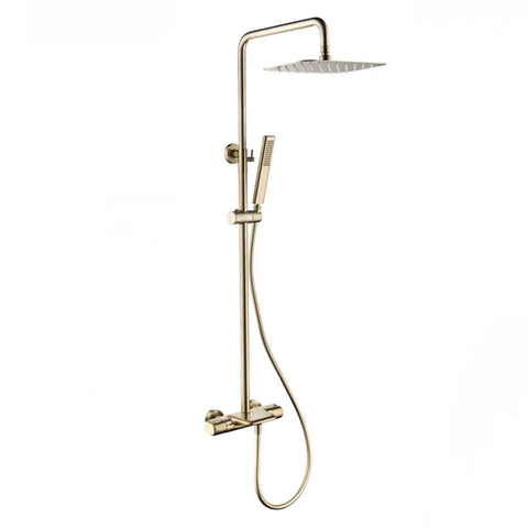 Rain Shower System with 10" Rainfall Head & Thermostatic Faucet, Wall Mounted Brass Shower Set with Handheld for Spa Experience, 38°C Temperature Control in gold finish.