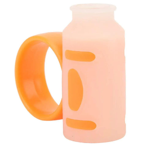 Pro Drumstick Holder Grip Clamp Anti-Slip Rotating Aid For Musicians To Stop Blisters Calluses And Cramps During Jam Sessions, pink and orange silicone design.