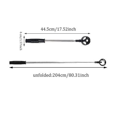 Telescoping Golf Ball Retriever With Locking Clip 80-Inch shown folded and extended with dimensions marked