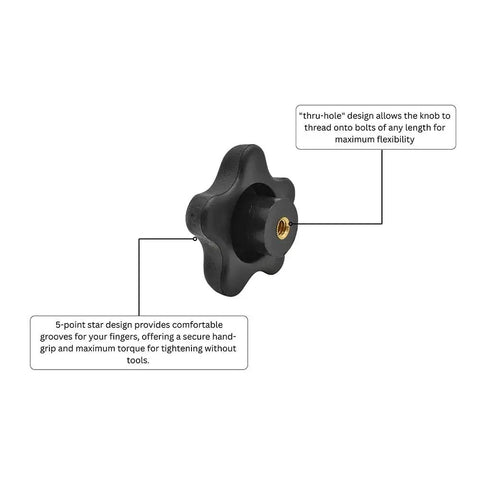 Five Pack 1/4 20 Thread 5 Star Thru Design Knobs with 5-point star grip design for tool-free adjustments and secure handling.