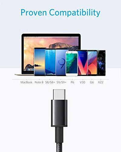 Anker USB-A to USB-C charging cables, 2-pack, black, 3 ft, front view with device lineup