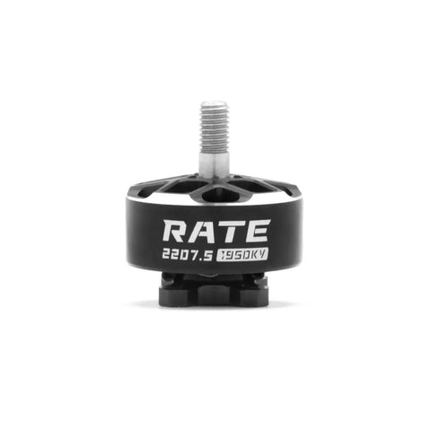 Close-up of 2207.5 1950Kv brushless motor for 4-6S FPV racing drones showing label and mounting base.