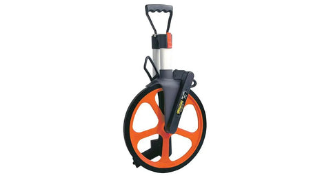 Heavy Duty Survey Measuring Wheel With Twelve Point Five Inch Roller Tracks Feet And Tenths Flawlessly For Straight Up Landscapers mapping tough yards.