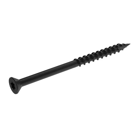 Heavy Duty Exterior Deck Screws With Bugle Head And Star Drive For Treated Lumber Projects Black Coated Finish close-up view of screw