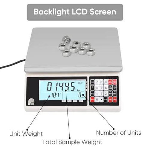 Go To High Precision 30 Kg Digital Counting Scale With 0.5 g Readout For Parts And Coins, showing LCD, weights displayed