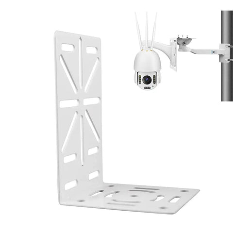 Universal L Shape Dome Camera Bracket for wall or ceiling mounts with attached CCTV camera, heavy-duty steel, neat cable management.
