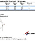 Size chart and diagram for Two Pack Marine Grade Stainless Steel 316 Linch Pin Ring Catch 10.6 Millimeter Or Three Eighths Inch.