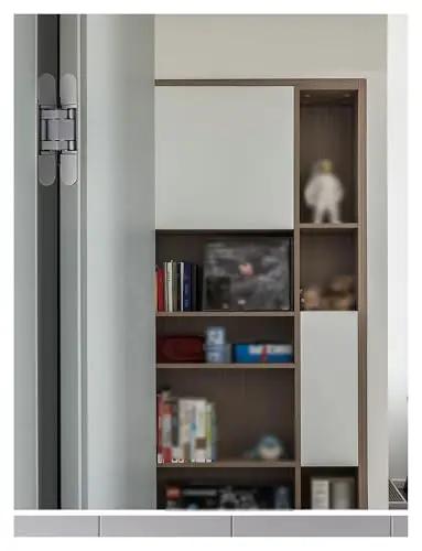 Adjustable Silent Concealed Door Hinges One Pair Black Smooth Operator Hidden Hardware For Wood Folding And Secret Room Doors 180 Degree Low Profile Opening next to modern bookshelf.