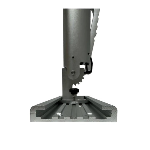 Built Tough Aluminum Downrigger Rod Holder With Dual Locking Points For Trolling And Heavy Gear Keeping Rod Secure And Stable Universal Track Fitment For Easy Mount On Most Track Systems. Aluminum downrigger rod holder with universal track mount and locking base, side view
