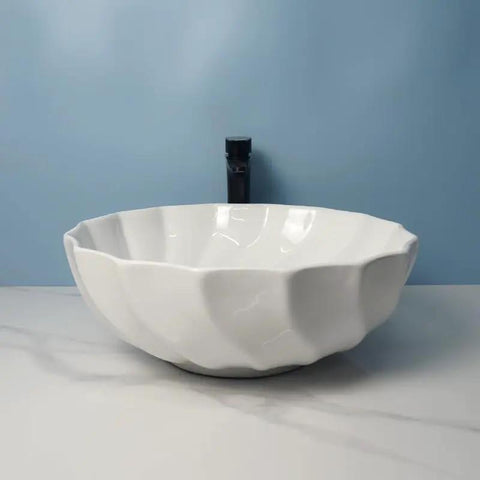 USZWBY Vessel Sinks Modern Minimalist Hotel Washroom Above Basin Bathroom Round Washbasin Ceramic Vessel Sink Bathroom Bowl Sink with black faucet