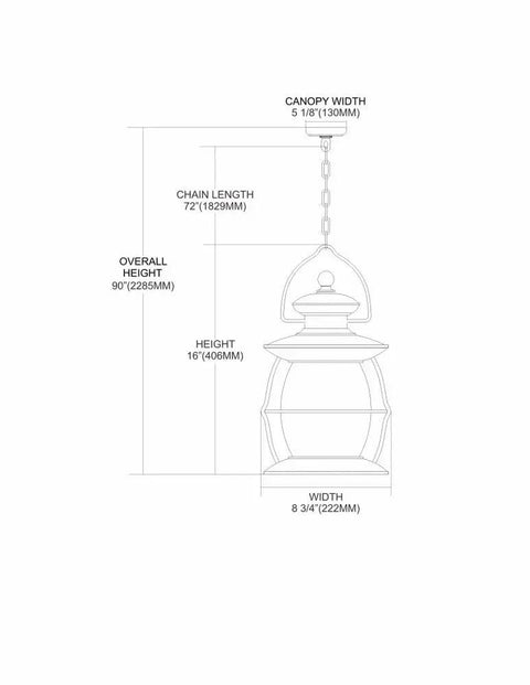 Diagram of Village Lantern Outdoor Pendant Light 8 Inch Wide 1 Light Weathered Charcoal Finish Rustic Metal Exterior Fixture dimensions