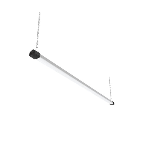 Slim 4Ft LED Shop Light 40W Strip Work Light With Inline Switch Daylight White 5000K For Garage, Workshop, Basement Energy Efficient Bright No Fuss Install showing side view suspended by chains.