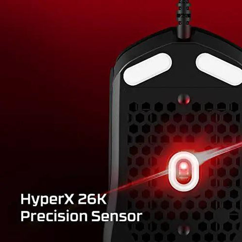 Pulsefire Haste 2 Wired Gaming Mouse Ultra Light 53g with HyperX 26K precision sensor, bottom view showing red sensor light