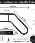 Heavy Duty Wall Mount Handrail U Shaped Curve For Outdoor Steps Indoor Stairs Solid Stainless Steel Grab Bar Matte Black shown with dimensions.