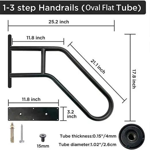 Heavy Duty Wall Mount Handrail U Shaped Curve For Outdoor Steps Indoor Stairs Solid Stainless Steel Grab Bar Matte Black shown with dimensions.