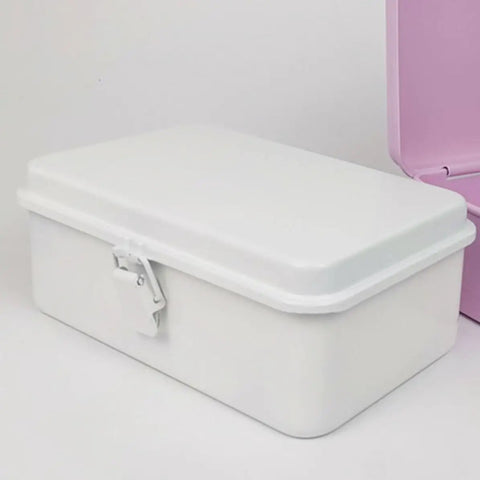 Heavy Duty Vintage White Metal Toolbox Featuring A Tight Snap Shut Locking Latch Tin Storage Case For Everyday Gear And Art Supplies Classic Secure Organizer Trunk, closed view.