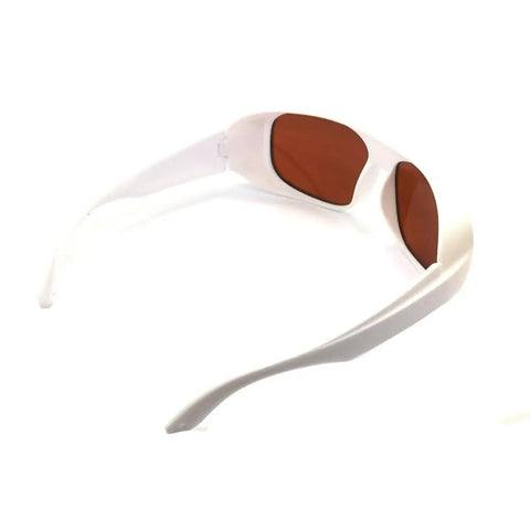 Top Shelf Slick Laser Protective Glasses For YAG And KTP Q Switched Clinics With Tough As Nails OD5 Plus Dual Band Optics, white frame.
