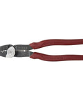 USA Made Wire Cutter, Stripper, and Crimp Tool With Shear Cutter, Pro Grade Hand Tool with red handles, top view