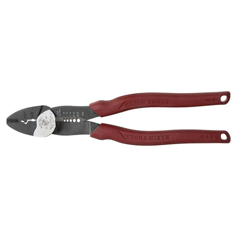 USA Made Wire Cutter, Stripper, and Crimp Tool With Shear Cutter, Pro Grade Hand Tool with red handles, top view