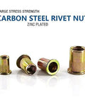Rivet nuts (3/8-16) zinc-plated carbon steel; flat-head threaded inserts shown in front and side views from a 100-piece assortment.