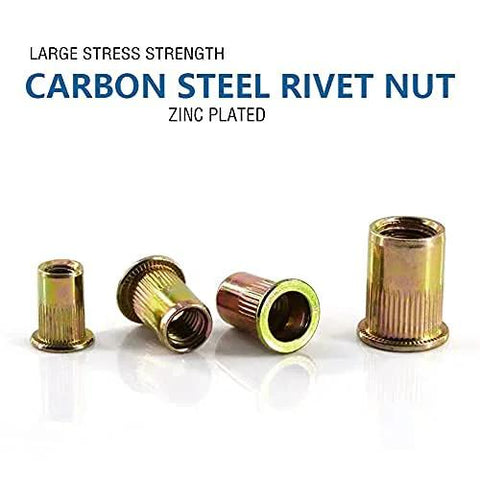 Rivet nuts (3/8-16) zinc-plated carbon steel; flat-head threaded inserts shown in front and side views from a 100-piece assortment.