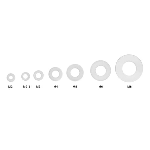 White Nylon Flat Washers And Spacer Kit For M2 Through M8 Hardware For Heavy Duty Joint Gasket Set Durable Plastic Washers To Prevent Leaks And Loosening Corrosion Resistant Aging Proof For Long Lasting Use. M2 to M8 white nylon washers shown by size.