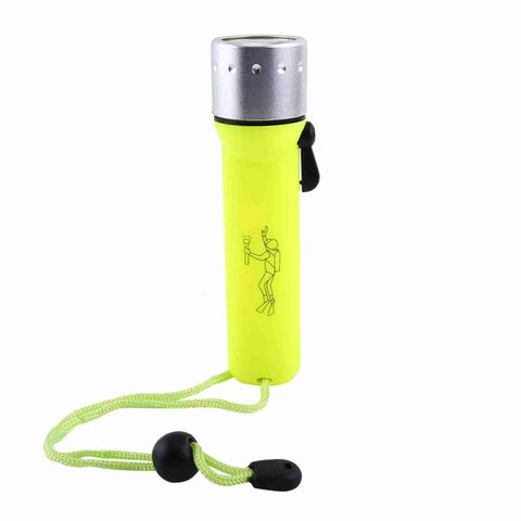 180 Lumen LED Dive Flashlight With Fluorescent Green Body Submersible Underwater Torch Beefy Aluminum Alloy Build Lightweight Impact Resistant Handy Lanyard Strap Underwater Range Up To 25 Meters