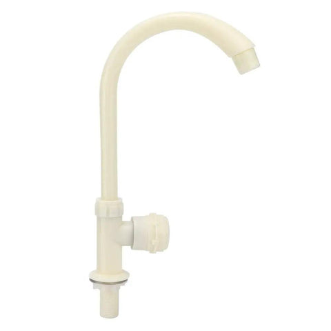 Maqulae ABS Plastic Kitchen Sink Faucet, G1/2in Single Cold Rotating in white color with a curved spout design.
