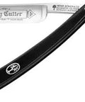 Close-up of a black handled straight razor with engraved blade, displayed open, ideal for grooming and precision work.