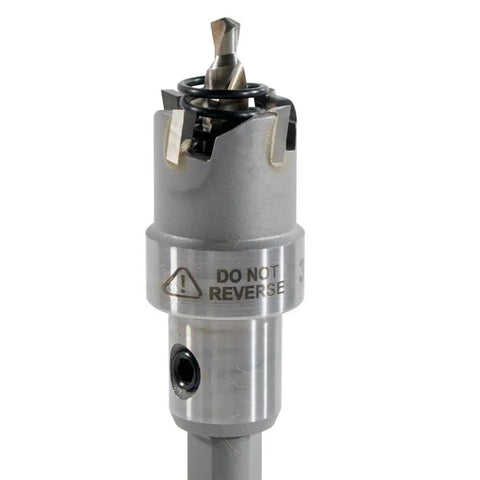 Heavy Duty 3 4 Inch Carbide Hole Cutter Rips Through Metal Sheets Like Hot Butter Cuts Crisp Holes In Stainless Steel Iron Copper Brass Up To 3 16 Thick Shop Grade Power Tool Bit close-up of carbide hole cutter drill bit