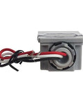 Outdoor 120V Stem Mount Photocontrol With Light Adjustment Bar for dusk to dawn lighting, back view showing wire connections.