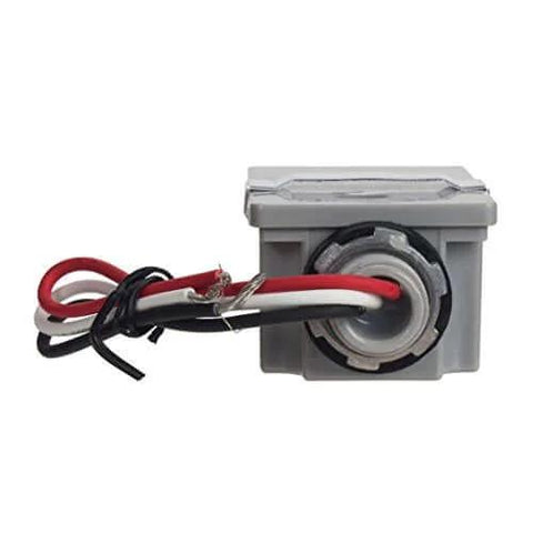 Outdoor 120V Stem Mount Photocontrol With Light Adjustment Bar for dusk to dawn lighting, back view showing wire connections.