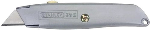 Retractable Utility Knife With Interlocking Nose, 3-Position Blade, silver handle, built in blade storage, side view