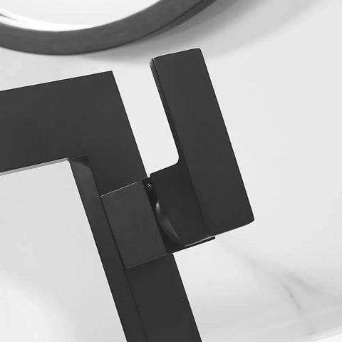Matte Black Ultra Thin Vessel Sink Faucet With Single Handle Waterfall Spout, top view of solid brass single handle detail