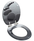 Premium Two Pack Mdf Toilet Seats Featuring Smooth Soft Close Lids And Rugged Zinc Alloy Hinges Trendy Stone Texture Finish. Close-up of open toilet seat with stone texture.