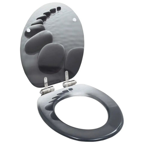 Premium Two Pack Mdf Toilet Seats Featuring Smooth Soft Close Lids And Rugged Zinc Alloy Hinges Trendy Stone Texture Finish. Close-up of open toilet seat with stone texture.