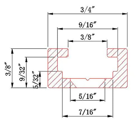 Diagram of Six Pack Of Three Foot Aluminum T Track Rails In Bold Red showing dimensions and profile for woodworking jig installation.