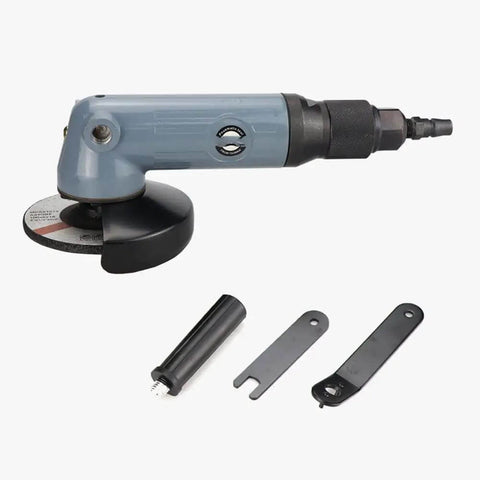 Badass 4 Inch Pneumatic Angle Grinder Featuring Stepless Speed Control And Smooth Front Exhaust Venting For Rock Solid Metal Polishing Sanding And Heavy Duty Workshop Projects, showcasing grinder with accessories.