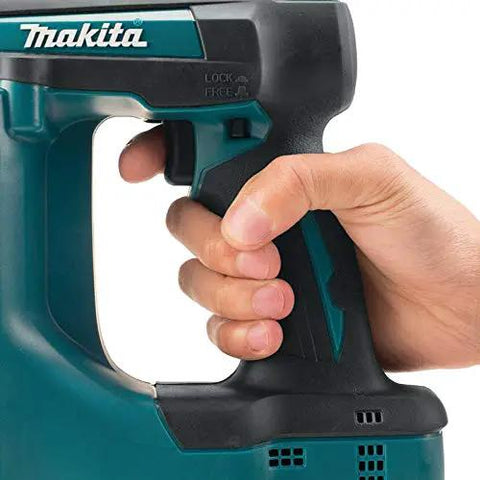 Close-up of hand gripping the handle of a Built Different Heavy Duty 18 Volt Cordless Brad Nailer for easy control.