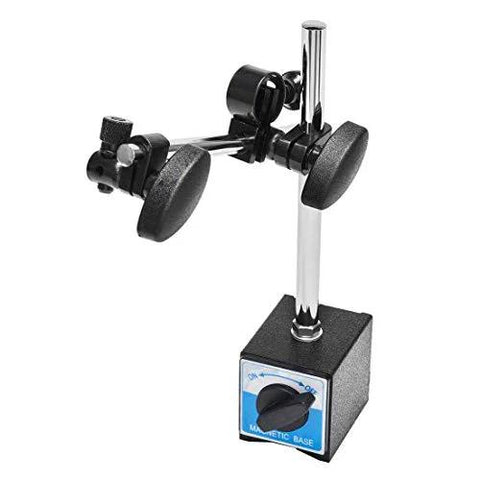 Qnkaa dial indicator with magnetic base and long adjustable arm; black base with chrome post, 0-10 mm range.