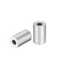 Aluminum Wire Rope Stop Sleeves For 3/64 Inch Cord 100 Pack Fast Crimp Hardware with polished finish shown from different angles.