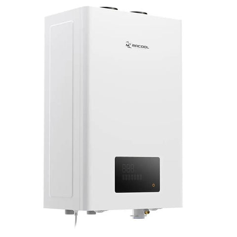 Top Shelf Natural Gas Tankless Water Heater Delivering 199K BTU Output For Seamless Indoor Installations Compact white unit with digital display.