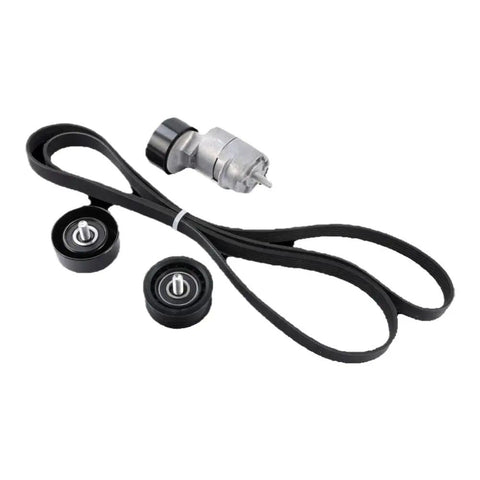 Premium Belt Tensioner And Idler Pulley Kit 6PK2125 25281-25000 For Kia Optima 2.0L 2.4L 2006 To 2015 Models That Are Totally Awesome And Fix Slapping Noises Right Away., serpentine belt and two pulleys on white background